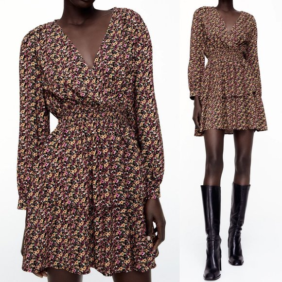 NEW Zara Ditsy Floral Surplice V Neck Ruffle Dress